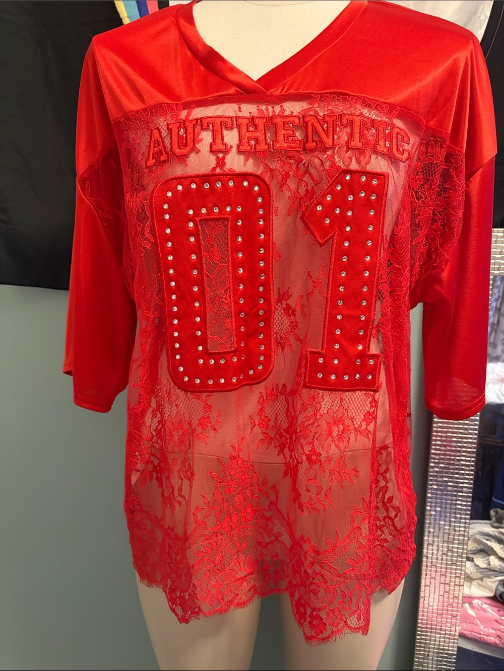 Red 'Authentic 01' Lace Mesh Jersey Top